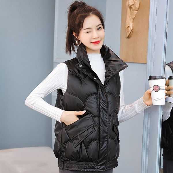 

women's vests autumn winter black vest women sleeveless jacket stand collar loose warm ladies thick cotton coat female waistcoat, Black;white