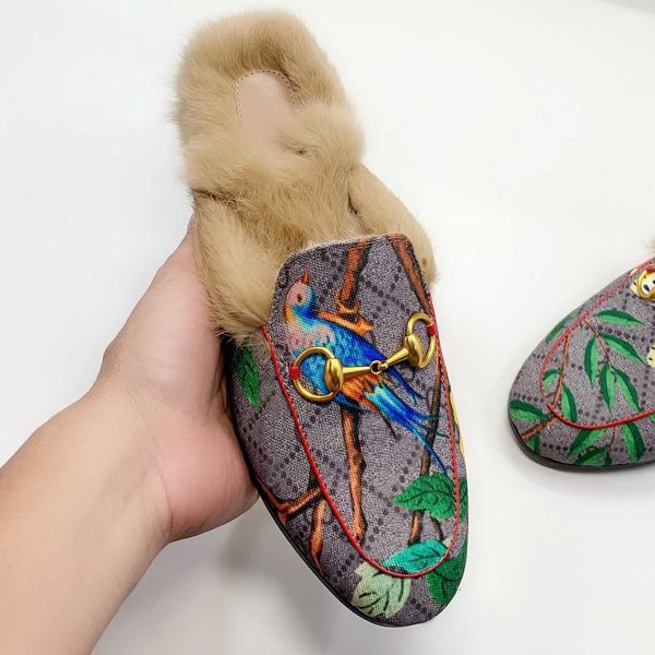 

2021 women men leather half slippers slides loafers autumn winter warm wool slipper classic metal buckle embroidery stylist shoes sandals, Black