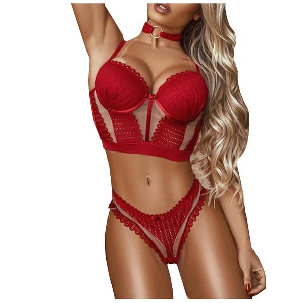 

women bra set nightwear underwire chest pad bra sleepwear thong sheer mesh lace cutout panties lingerie set nachtkleding vrouwen, Black