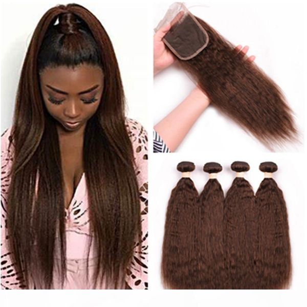 

#4 medium brown kinky straight malaysian hair bundles with closure chocolate brown coarse yaki human hair 4bundles with lace closure 4x4, Black