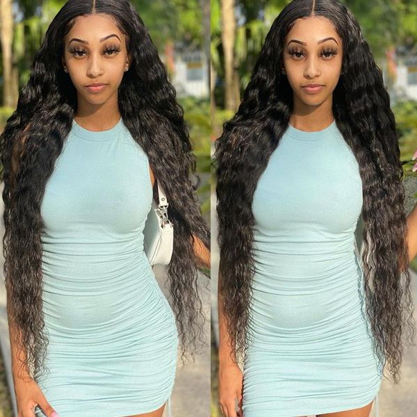 

lace wigs water wave wig hd transparent frontal t part 180 density brazilian curly front human hair, Black;brown