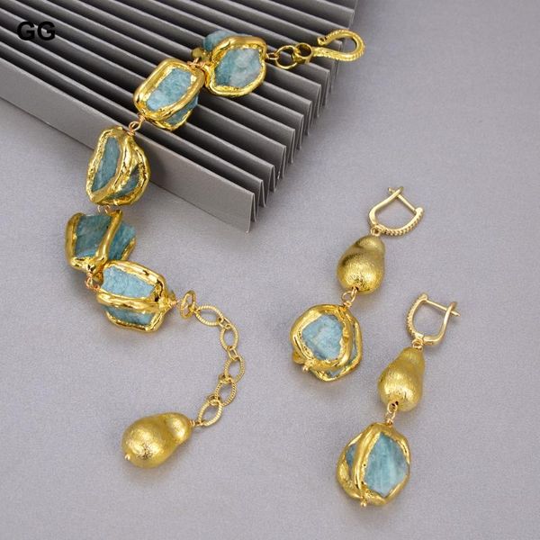 

beaded, strands guaiguai jewelry natural blue amazonites rough nugget with electroplated edge bracelet dangle hook earrings sets for women, Black