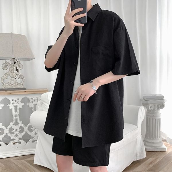 

men's casual shirts streetwear shirt men solid cotton plus size short sleeve loose summer fashion korean mens clothes 2021, White;black