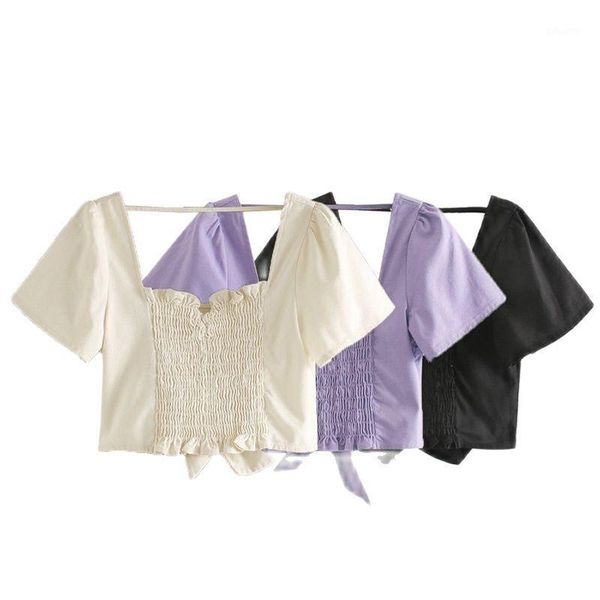 

french women's square neck high waist short shirt bow tie straps slim fit leaking umbilical solid color retro chic female t-shirt, White