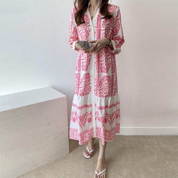 

[ewq] spring korean chic womens dress long casual stand collar panelled print robe single breasted loose straight blouse dresses, Black;gray