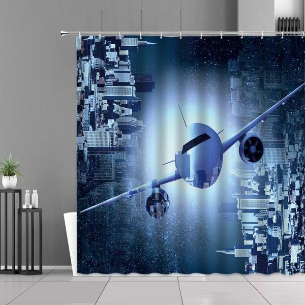 

shower curtains airplane city night view curtain for bathroom decor polyester fabric bathtub with hooks mildew waterproof