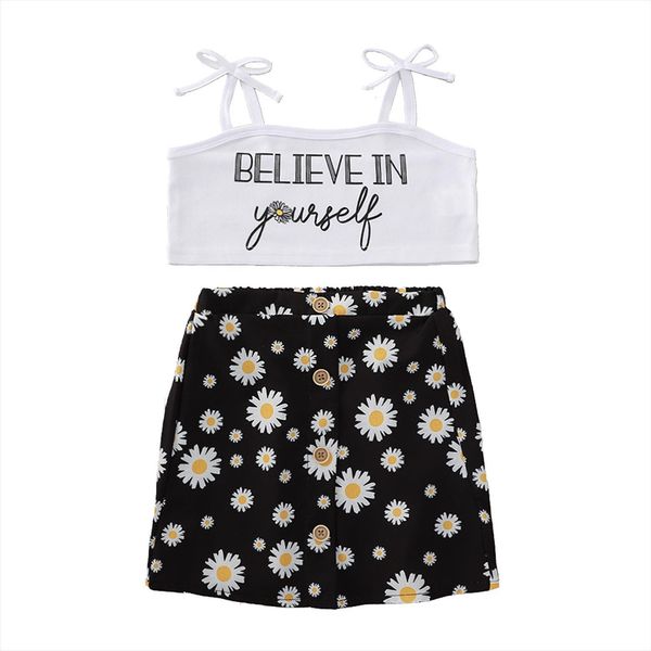 

girls 2pcs clothes set white letters and floral printed pattern boat neck camisole skirt summer outfits for 3 10 years