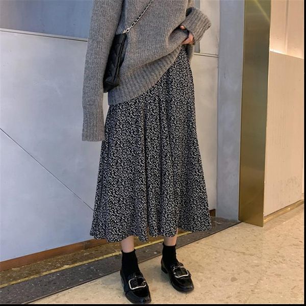 

women elegant floral print pleated skirt elastic high waist long skirt female autumn ladies midi skirt saia, Black