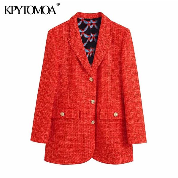 

kpytomoa women fashion with print lining fitted tweed blazer coat vintage long sleeve pockets female outerwear chic veste 211019, White;black