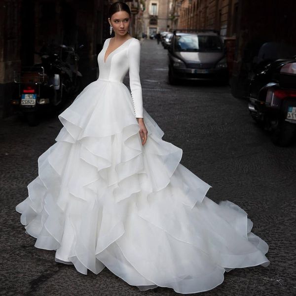 

designer a line wedding dress multilayered ruffles bridal gowns long sleeves v neck button tailored boho beach country modern robe de mariee, White