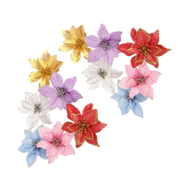 

16pcs fake beautiful flowers diy artificial flowers glitter poinsettia flower head christmas for party wedding decoration