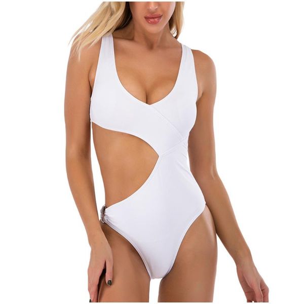 

2021 women's beachwear bikini solid v-neck swimsuit one piece swimming set filled bra hollow out swimwear fashion new summer