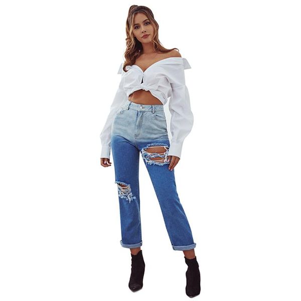 

women's jeans jyss ripped for women elastic distressed high waist lady gradient hole pants 30096, Blue