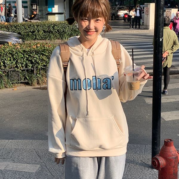 

2021 new 3colors autumn winter preppy style letter print thicking hoodies womens warm sweatshirts and pullovers (f4189) s78o, Black