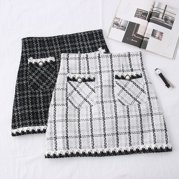 

2021 new autumn and winter fashion all-match small fragrance tweed high waist slimming double pocket design skirt women gmjv, Black