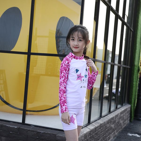 

printed three new children's cute piece cartoon suit long sleeve girls' split swimsuit, White;black