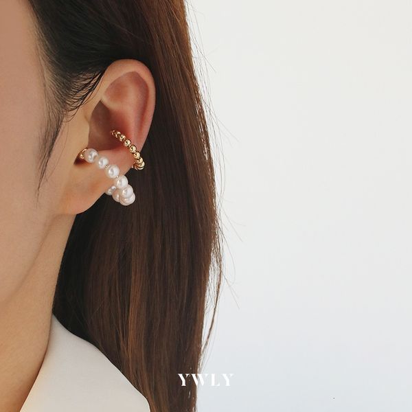 

double layer bright pearl earbone clip style french temperament design elegant versatile earrings for women ywly, Golden;silver