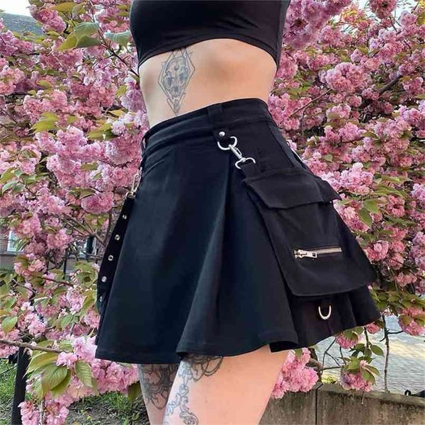 

harajuku punk gothic black high waist skirts women patchwork bandage mini female streetwear 210619