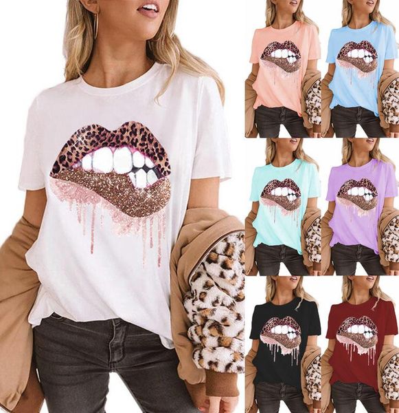 

men's t-shirts 2021 leopard print lip permed diamond round neck loose short sleeve t-shirt, White;black