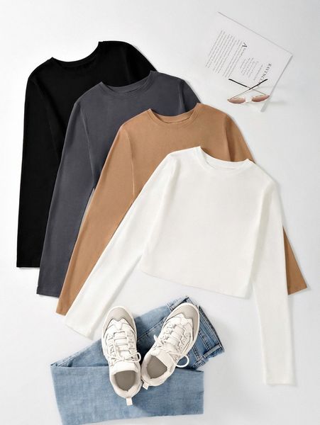 

4pcs solid round neck tee b7wd#, White