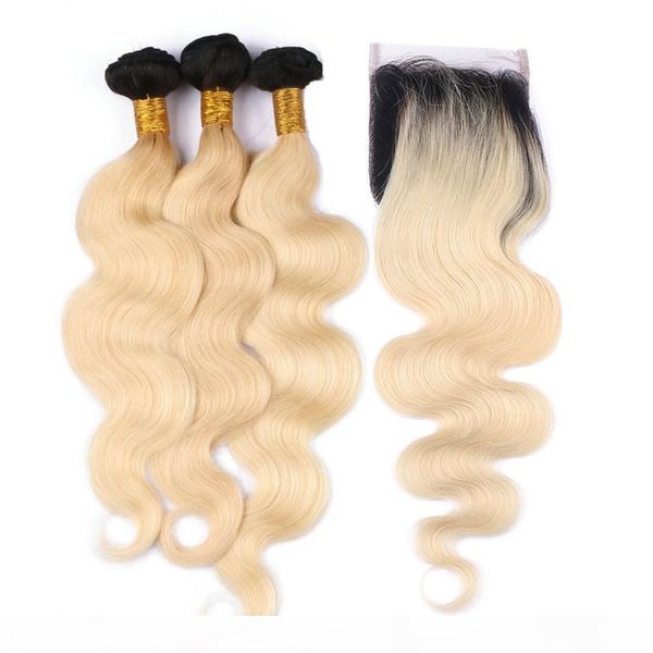 

#1b 613 blonde ombre indian virgin body wave human hair bundles with closure wavy ombre blonde weave wefts with 4x4 lace closure piece, Black