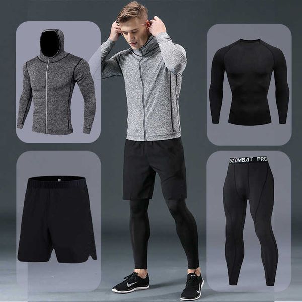 

men's running sets quick-drying breathable stretch sweatpants winter gym compression men jogging fitness training sports suits 211006, Gray