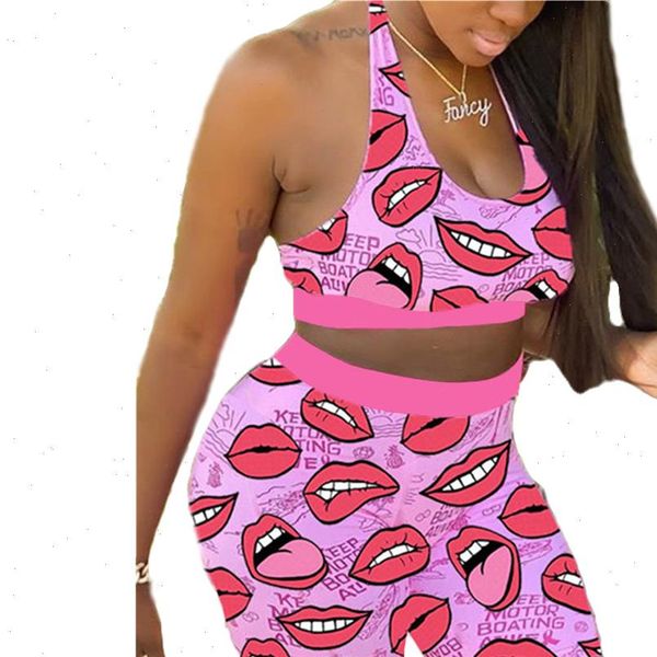 

2021 new tracksuit for women lip print two piece set casual 2 pcs outfits sleeveless tshirts pants suits matching set, Gray