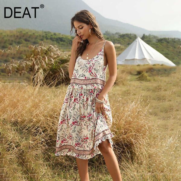 

[deat] summer fashion square collar high waist knee-length ruffles sleeveless printing bohemian sling dress 13c589 210527, Black;gray
