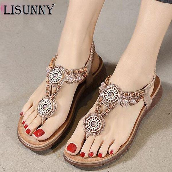 

sandals lisunny women bohemia casual shoes beach summer girls flip flops gladiator fashion cute flats, Black