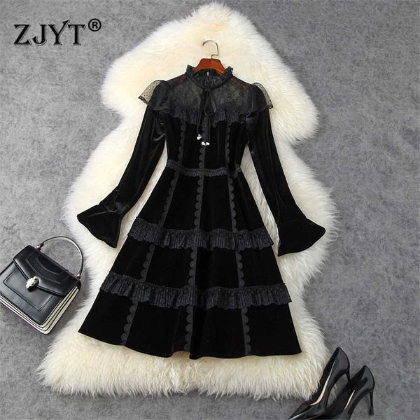 

runway designers fashion autumn flare sleeve lace patchwork black velvet dress mini party vestidos women clothes 210601, Black;gray