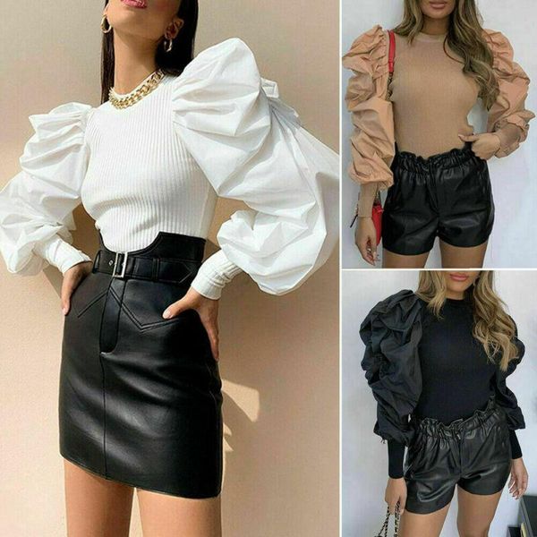 

women's jumpsuits & rompers fashion bodysuit women long puff sleeve shirt o neck office lady jumpsuit casual blouse macacao feminino, Black;white