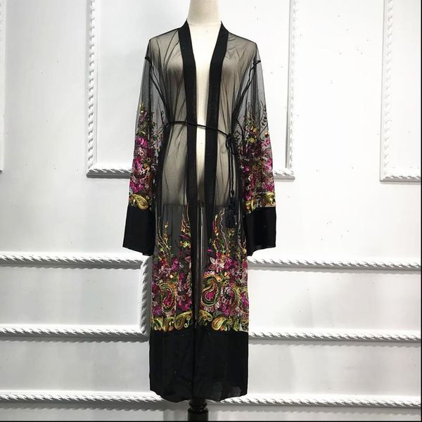 

plus size long shirt women kimono mujer floral embroidery chiffon mesh blouse cardigan clothing ropa vetement robe chemise femme, White
