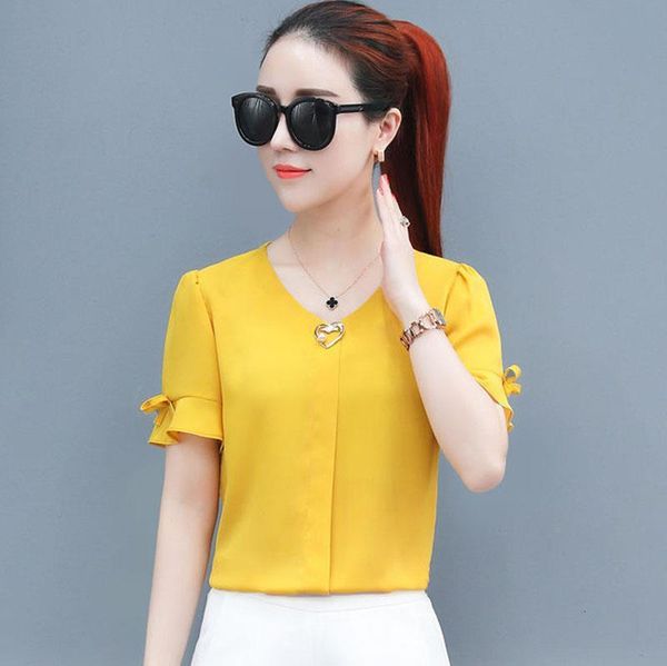 

korean style women spring summer chiffon blouses shirts lady casual short flare sleeve v neck blusas df2841, White
