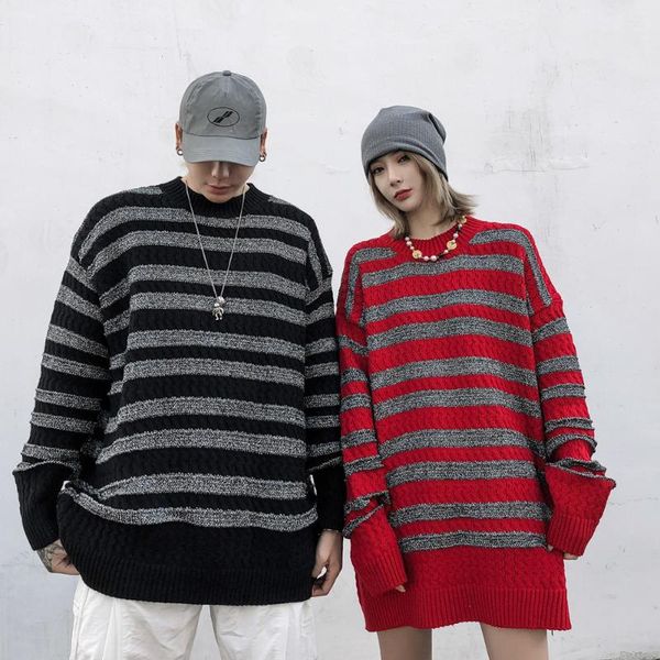 

men's sweaters striped sweater streetwear fashion hip hop loose casual pullover bf style man women couple knitwear, White;black