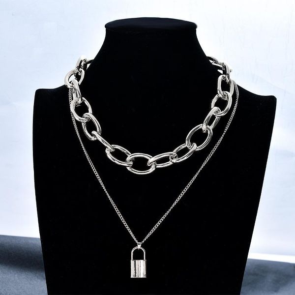 

pendant necklaces retro street multi-layer lock shaped necklace female creative punk metal sweater chain charms jewelry, Silver