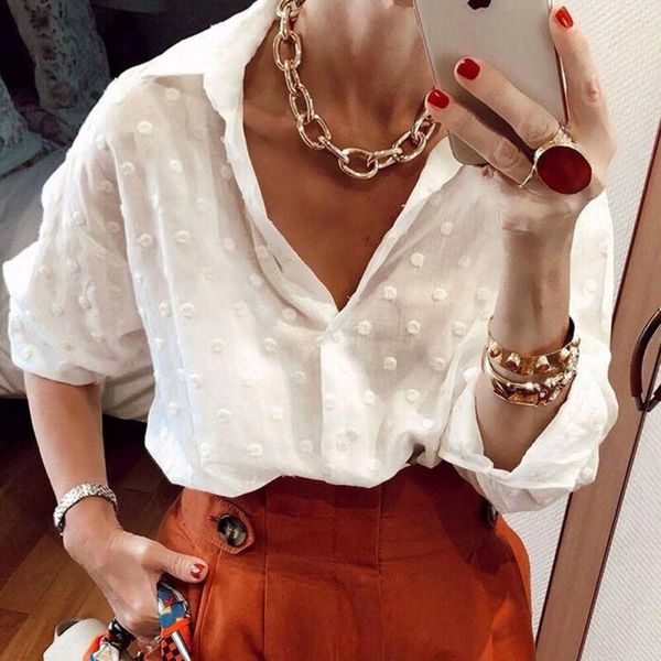 

fashion women long sleeve dot mesh office shirt ladies v-neck blouse, White