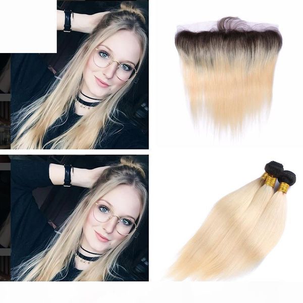 

blonde ombre hair with closure ombre 1b 613 dark root two tone virgin straight human hair bundles with lace frontal closure 4pcs lot, Black;brown
