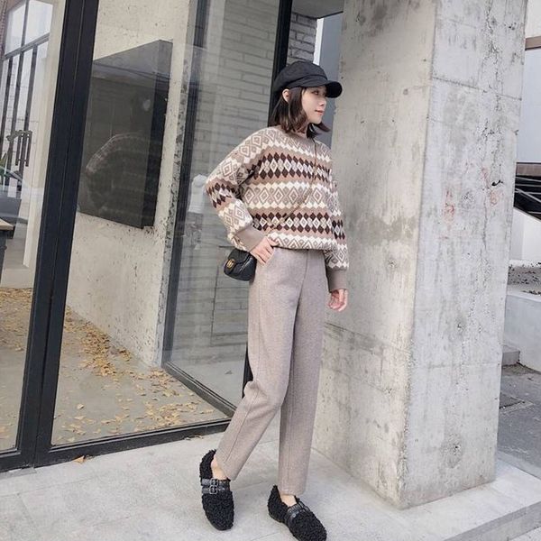 

women's pants & capris fleece thickened herringbone pattern woolen loose high waist straight trousers harem elastic cropped kvf7, Black;white