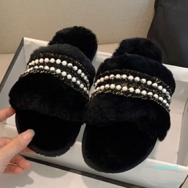 

womens designer pearl plush slippers autumn winter fashion rubber soles wear resistant no slip black white size 35-41 9969