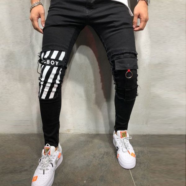 

men's trousers, round neck perforated ny jeans, hip-hop style, embossing, Blue