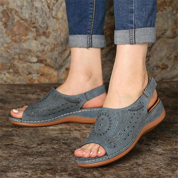 

sandals 2021 women summer fashion hollow solid color platform ladies comfy retro wedges shoes slip on female footwear, Black