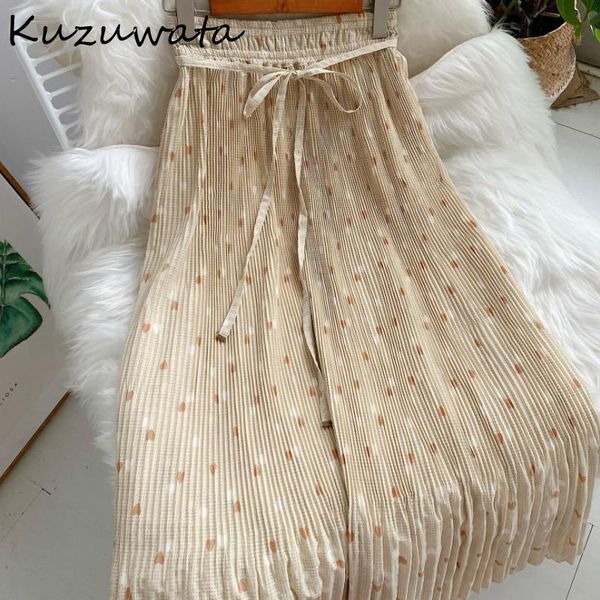 

kuzuwata 2021 spring summer new ruffles patchwork women skirt chic love heart print pleated skirts drawstring stretch waist jupe, Black