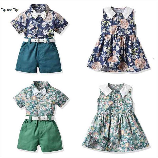 

summer hawaiian brother sister matching outfits,kids boys gentleman clothes sets girls floral princess dress, White