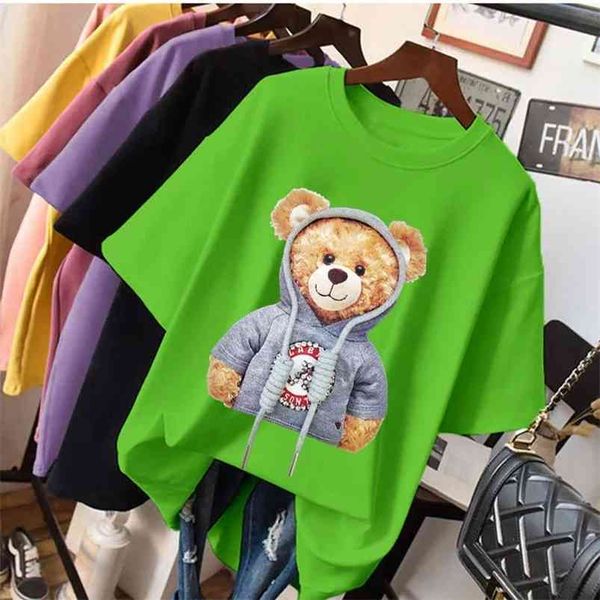 

pure cotton t-shirt female summer student short-sleeved printed bear loose korean version of bottoming shirt 210623, White