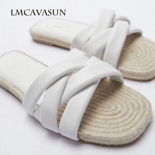 

sandals lmcavasun zar white quilted flat cow leather with cross straps rope flat-bottomed slippers women, Black
