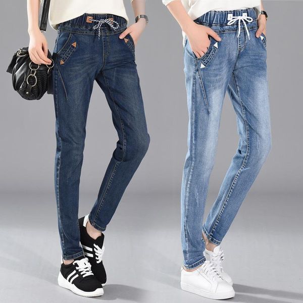 

large size baggy jeans women's elastic waist loose trousers loose high waisted jeans female denim joggers plus size clothing, Blue