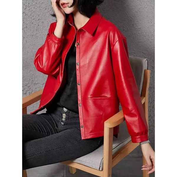 

women's leather & faux women 's short spring and autumn 2021 loose motorcycle leisure pu jacket, Black