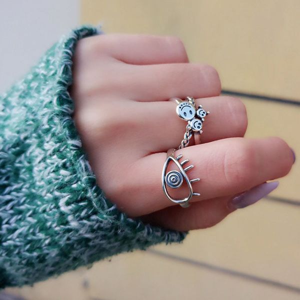 

designer rings yaologe 925 sterling silver ring thai jewelry female eyes smile creative retro handmade, Golden;silver