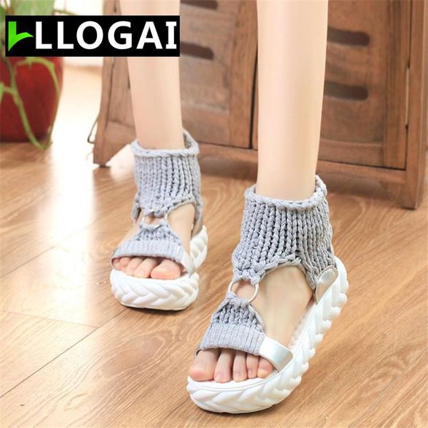 

sandals casual women flats sandalias 2021 knit peep toe summer gladiator round buckle girls outdoor beach sandala shoes rope, Black