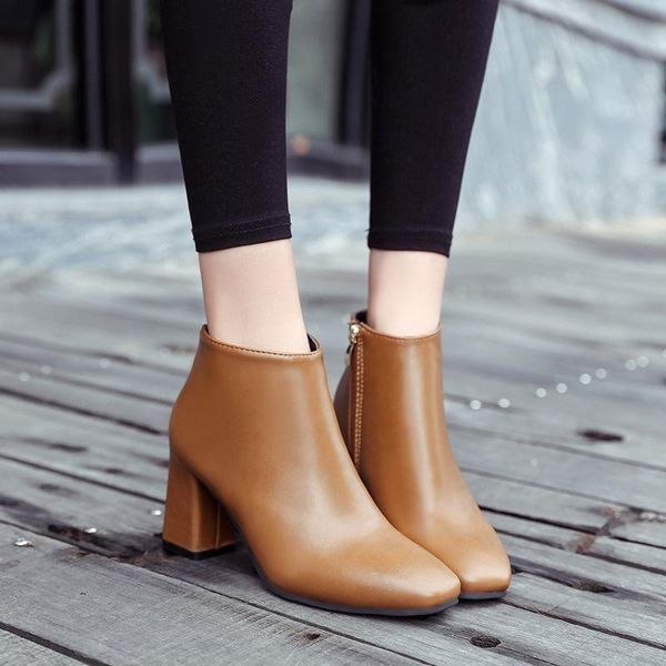 

spring/autumn new boots with a thick-heeled side zippered women's boots elegant short, Black